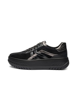 Black suede sneakers with a textured metallic accent, featuring a thick black sole, lace-up front, and striped design elements.