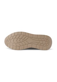 Suola di scarpa in gomma beige con un motivo di battistrada testurizzato, dotata di sezioni rialzate per una migliore trazione e bordi lisci per il comfort.