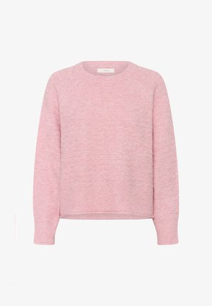Weicher, rosa gestrickter Pullover mit langen Ärmeln, gerippten Bündchen und Saum sowie einem runden Ausschnitt.