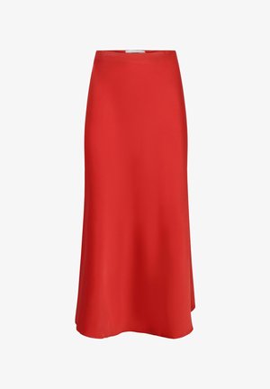 Vörös selyem midi szoknya sima textúrával, magas derékkal és finom ferde szegéllyel a még nagyobb mozgásért. Nincsenek látható zárások vagy díszítések.