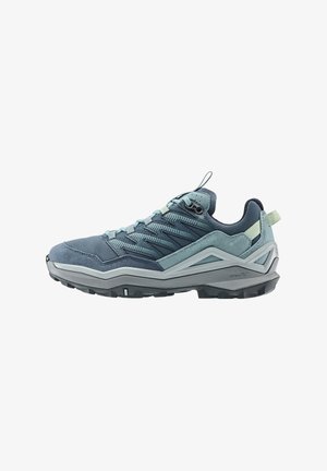 Blue and gray low-cut hiking shoe with rugged sole, lace-up design, pull tab at heel and tongue, and reinforced toe and heel areas.
