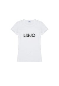 T-shirt bianco in cotone con maniche corte, caratterizzato dal testo "LIU JO" in un font a motivi bianco e nero sulla parte anteriore.