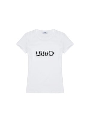 T-shirt bianco in cotone con maniche corte, caratterizzato dal testo "LIU JO" in un font a motivi bianco e nero sulla parte anteriore.