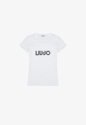 Witte katoenen t-shirt met korte mouwen, voorzien van de tekst "LIU JO" in een zwart-wit patroonlettertype over de borst.