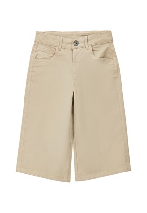 Pantaloncini beige fino al ginocchio con bottone frontale, passanti per cintura e due tasche frontali.