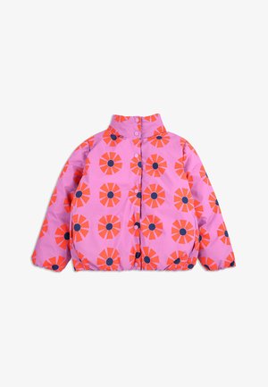 Pink puffer jacket with orange flower pattern and navy center dots. Features a high collar and snap buttons down the front, offering a padded texture.