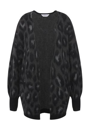 Cardigan oversize ouvert sur le devant avec motif léopard noir et gris foncé, manches longues et poignets côtelés.
