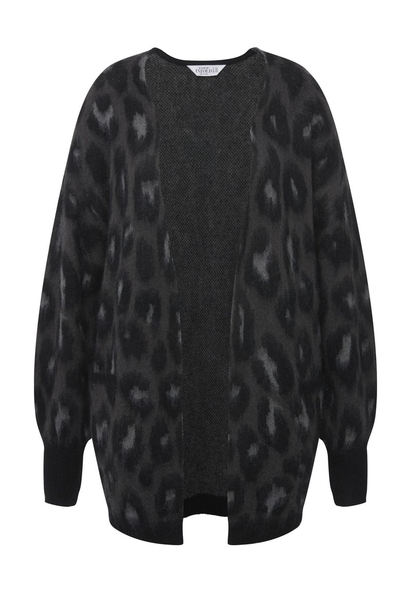 Cardigan oversize ouvert sur le devant avec motif léopard noir et gris foncé, manches longues et poignets côtelés.