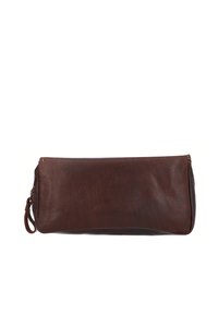 Braune Leder-Clutch mit glatter Textur, rechteckiger Form, Reißverschluss oben und einem Handgelenkriemen an der Seite.