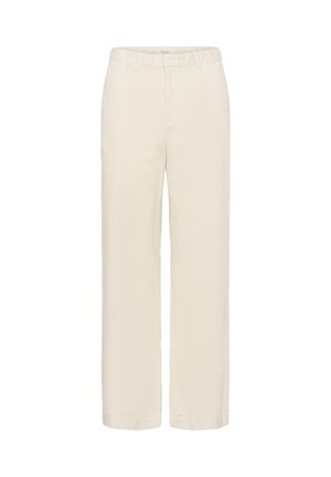 Ljusbeige kordbyxor med rak bendesign, som har en midja och inga synliga knäppningar eller fickor.