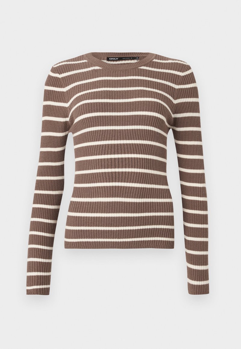 Brauner gerippter Pullover mit langen Ärmeln und weißen horizontalen Streifen, mit einem runden Ausschnitt und einer figurbetonten Silhouette.