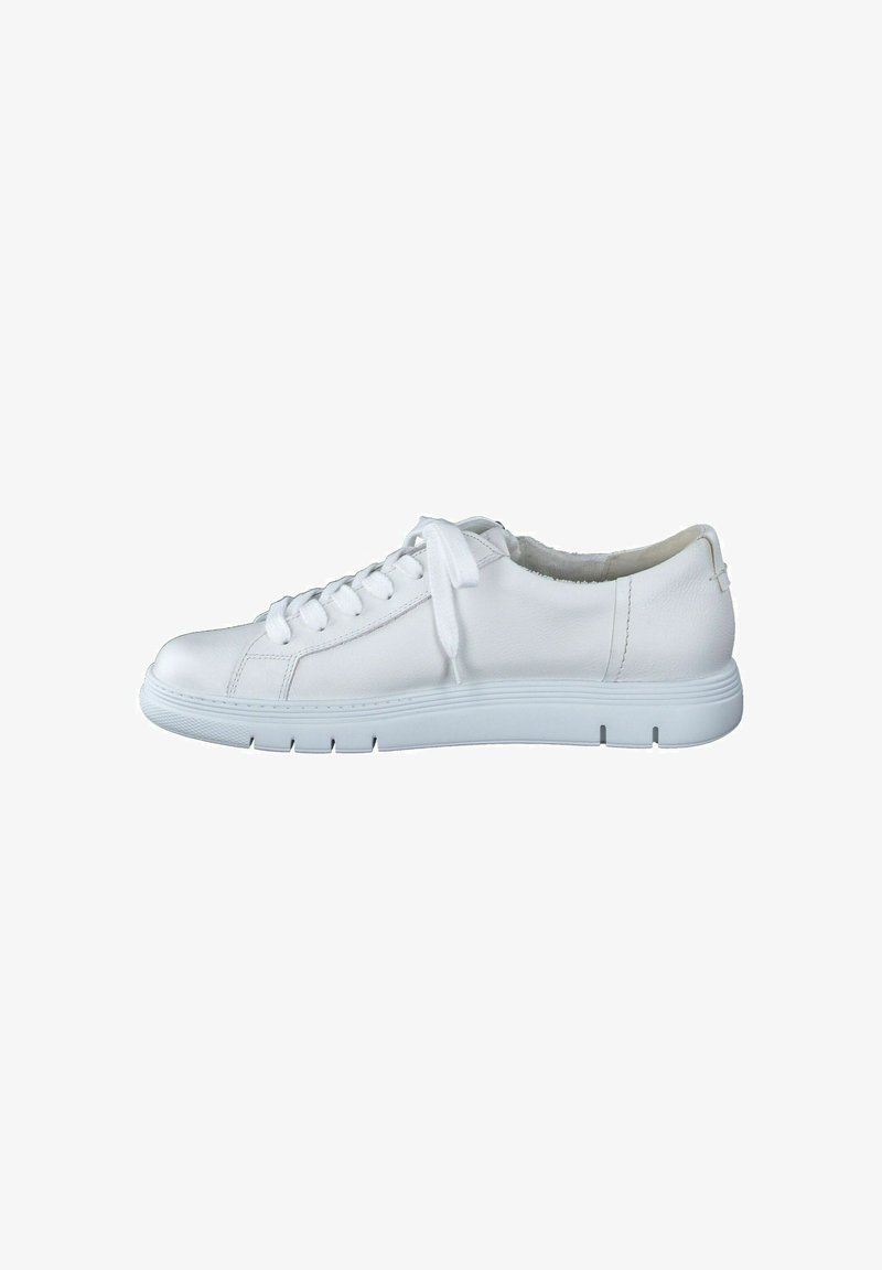White leather sneaker with smooth texture, round toe, lace-up closure, cushioned insole, and a flexible rubber sole with horizontal grooves.