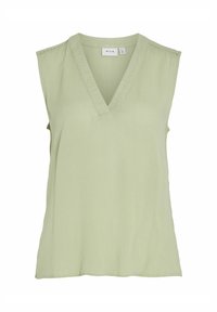 Blusa senza maniche di un verde chiaro con scollatura a V, realizzata in tessuto liscio. Presenta cuciture ricamate a scallop sulle spalle. Design semplice e senza fronzoli.