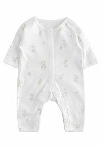 Hvid babybody lavet af blødt materiale med korte ærmer, prydet med et lys beige dyreprint af kaniner og bjørne, samt trykknaplukninger.