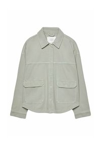 Jasnoszara, casual kurtka z kołnierzykiem, zamykana na guziki z przodu oraz z dwiema dużymi kieszeniami klapowymi na dolnej części przodu.