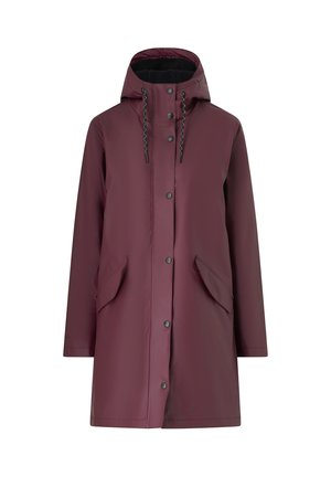 Giacca impermeabile bordeaux con cappuccio, chiusure a scatto e due tasche frontali. Realizzata in materiale liscio con cordini sul cappuccio.