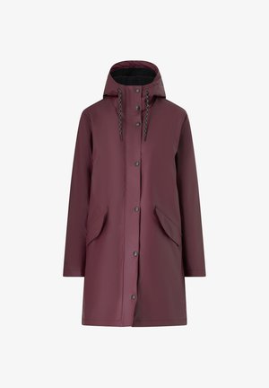 Giacca impermeabile bordeaux con cappuccio, chiusure a scatto e due tasche frontali. Realizzata in materiale liscio con cordini sul cappuccio.