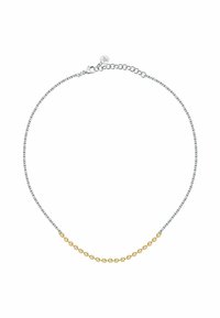 Collana in argento con un accento di perla dorata. Presenta maglie sottili e un gancio, mettendo in risalto un design minimalista con colori a contrasto.