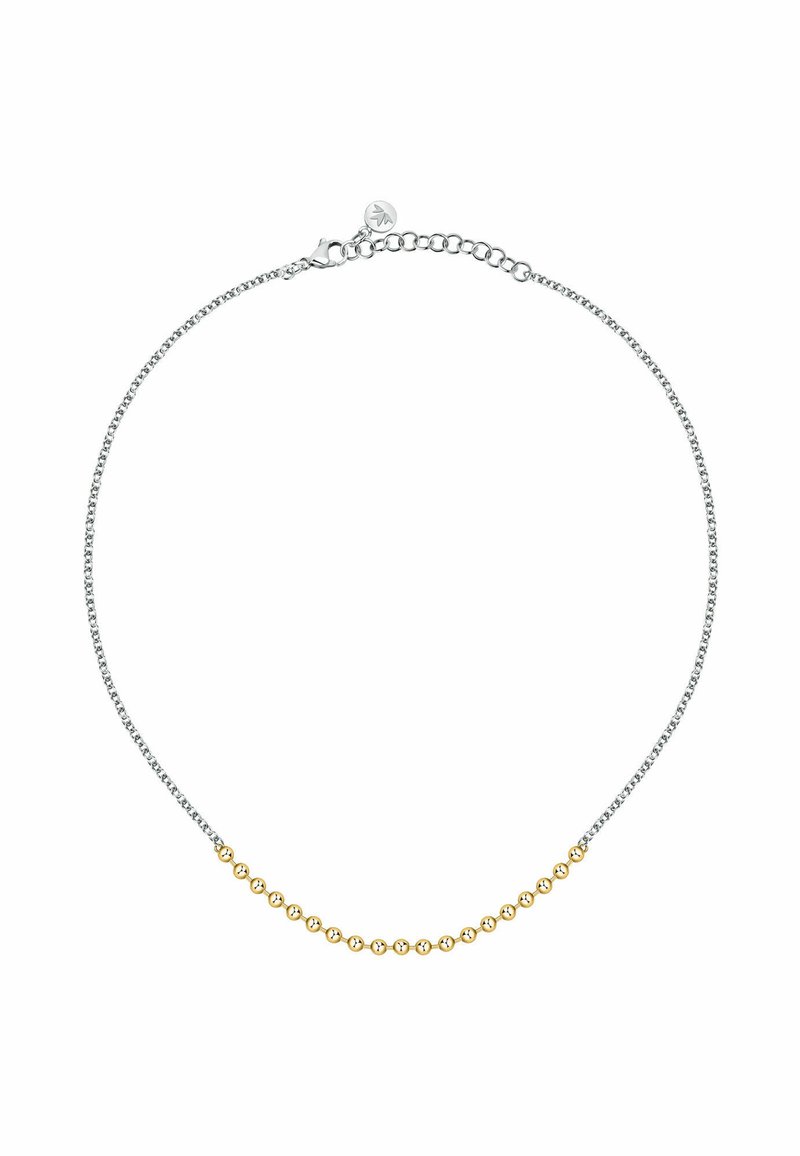 Collana in argento con un accento di perla dorata. Presenta maglie sottili e un gancio, mettendo in risalto un design minimalista con colori a contrasto.