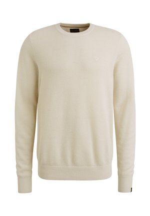 Béžový pletený sveter s okrúhlym výstrihom, rebrovanými manžetami a lemom. Obsahuje textúrovaný vzor a malý detail loga na hrudi.