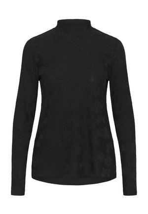 Maglia nera a maniche lunghe, aderente, con colletto a lupetto e motivo floreale sottile, con orlo dritto.
