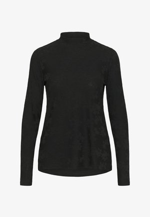 Zwarte lange mouw fitted coltrui met een subtiel bloemenpatroon en rechte zoom.