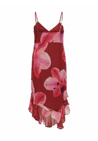 Rode mouwloze jurk met grote roze bloemmotieven, verstelbare dunne bandjes, een high-low zoom en een gerimpelde onderkant.