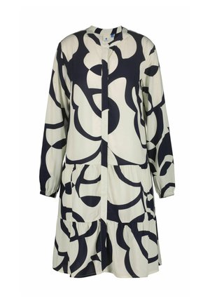 Lysefarvet kjole med et stort navyblåt abstrakt mønster, med knappelukning foran, lange ærmer og en lagdelt, flæset kant.