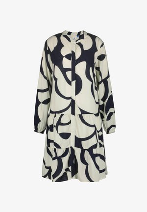 Vestido de color claro con un gran patrón abstracto en azul marino, con cierre de botones al frente, mangas largas y dobladillo con volantes en capas.