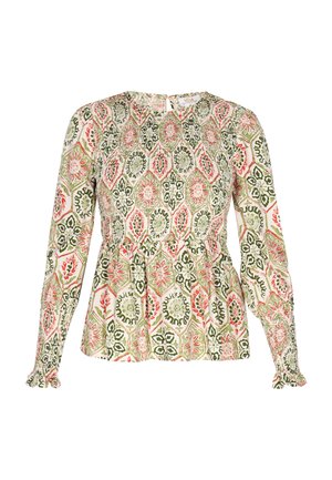 Langærmet peplum-bluse i let stof med et multikolor blomster- og geometrisk mønster i grønne, pink og creme farver.