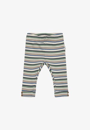 Gestreifte Leggings aus weicher Baumwolle mit wechselnden Farben in Grün, Marine, Beige und Braun, Knieausschnitten und Knopfdetails an den Bündchen.