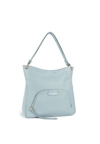 Sac à main en cuir bleu clair avec une seule bandoulière, comportant une poche zippée à l'avant et une texture lisse. Accents en métal doré.
