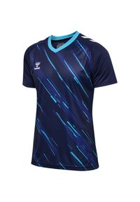 Mörkblå sporttröja med V-ringning, tillverkad av ett slätt tyg; har blå diagonala linjer samt en ljusblå krage och detaljer.