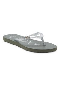 Sølv glitrende flip-flop sandal med en tekstureret olivengrøn sole. Har tynde stropper og en logoaccent på stropperne.