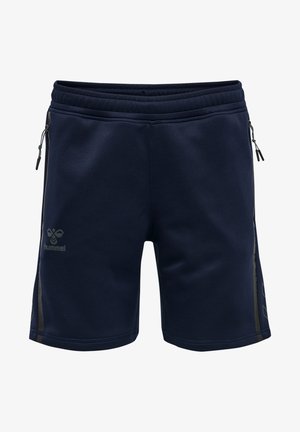 Shorts da atletica blu navy con una finitura liscia, dotati di tasche laterali con zip e un logo sulla parte anteriore, progettati per comfort e mobilità.