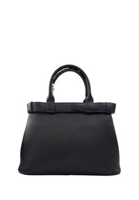 Borsa a mano in pelle nera con superficie tessurizzata, manici doppi arrotondati e forma strutturata. Presenta hardware minimale e linee pulite.