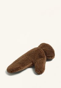 Manșetă pentru mâini din fleece maro, cu o suprafață moale și texturată. Capete rotunjite și o căptușeală interioară netedă, cu un contrast plăcut. Formă compactă și ergonomică.