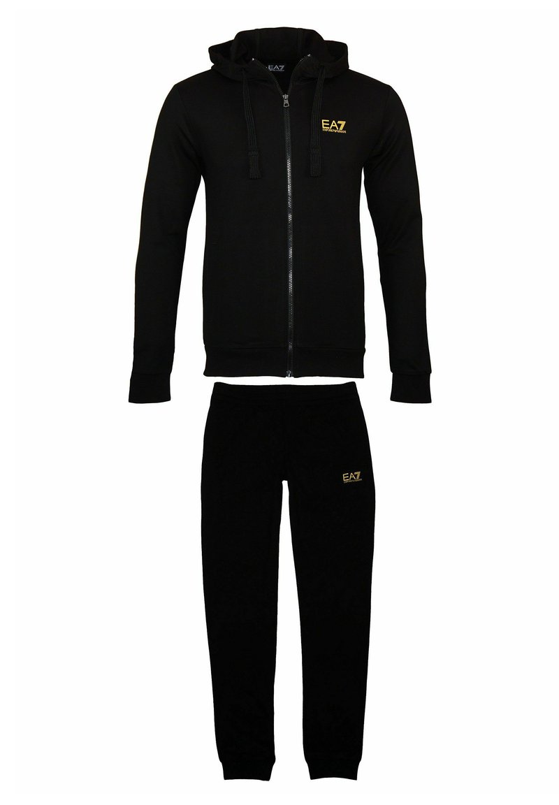 Black zip-up hoodie with drawstrings and gold logo on the chest, paired with matching black sweatpants featuring a small gold logo.