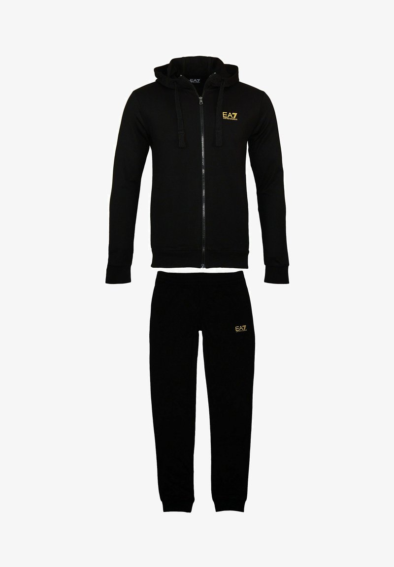 Black zip-up hoodie with drawstrings and gold logo on the chest, paired with matching black sweatpants featuring a small gold logo.