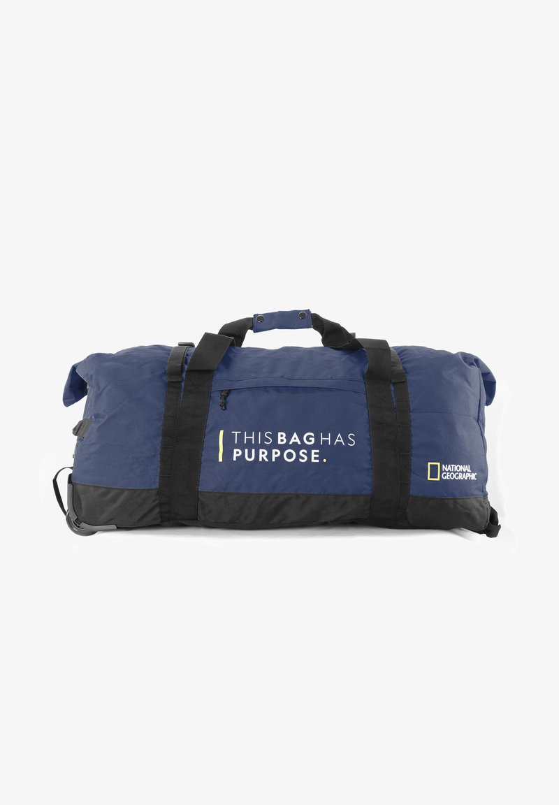 Navy and black duffel bag made of durable fabric, featuring sturdy handles, a zippered pocket, and printed text: "THIS BAG HAS PURPOSE."