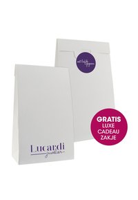 White paper gift bag with textured finish, fold-over flap closure, and a circular purple sticker with white text. "Lucardi juwelier" printed in purple.