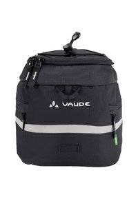 Zaino VAUDE nero con striscia riflettente, chiusura con doppia zip, maniglia superiore e trama del tessuto. Presenta una tasca esterna e dettagli del logo.