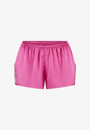 Pantalones cortos de atletismo rosas, hechos de un tejido suave, con cintura elástica y paneles laterales de encaje. Cuentan con un ajuste suelto y cómodo.