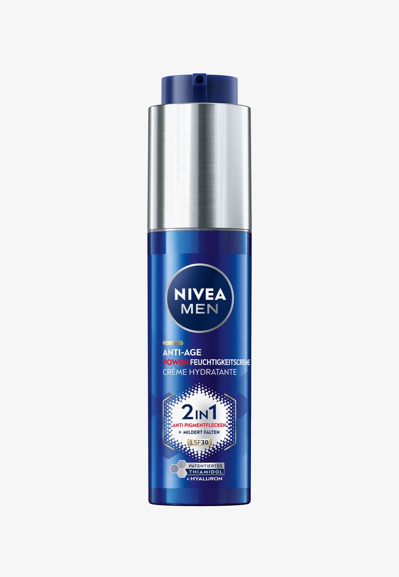 NIVEA Men anti-age moisturizing cream bottle with pump, labeled 2-in-1 for anti-pigment spots, wrinkle reduction, SPF 30, Thiamidol, and Hyaluron.