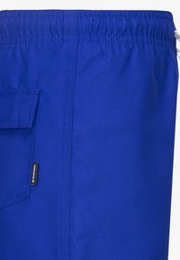 Blå shorts laget av glatt stoff med elastisk midjebånd og en sidelomme med en merkelapp.