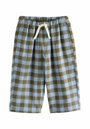 Blå og olivengrønternet børneshorts med elastisk taljebånd og beige snor, forlommer og knælængde.