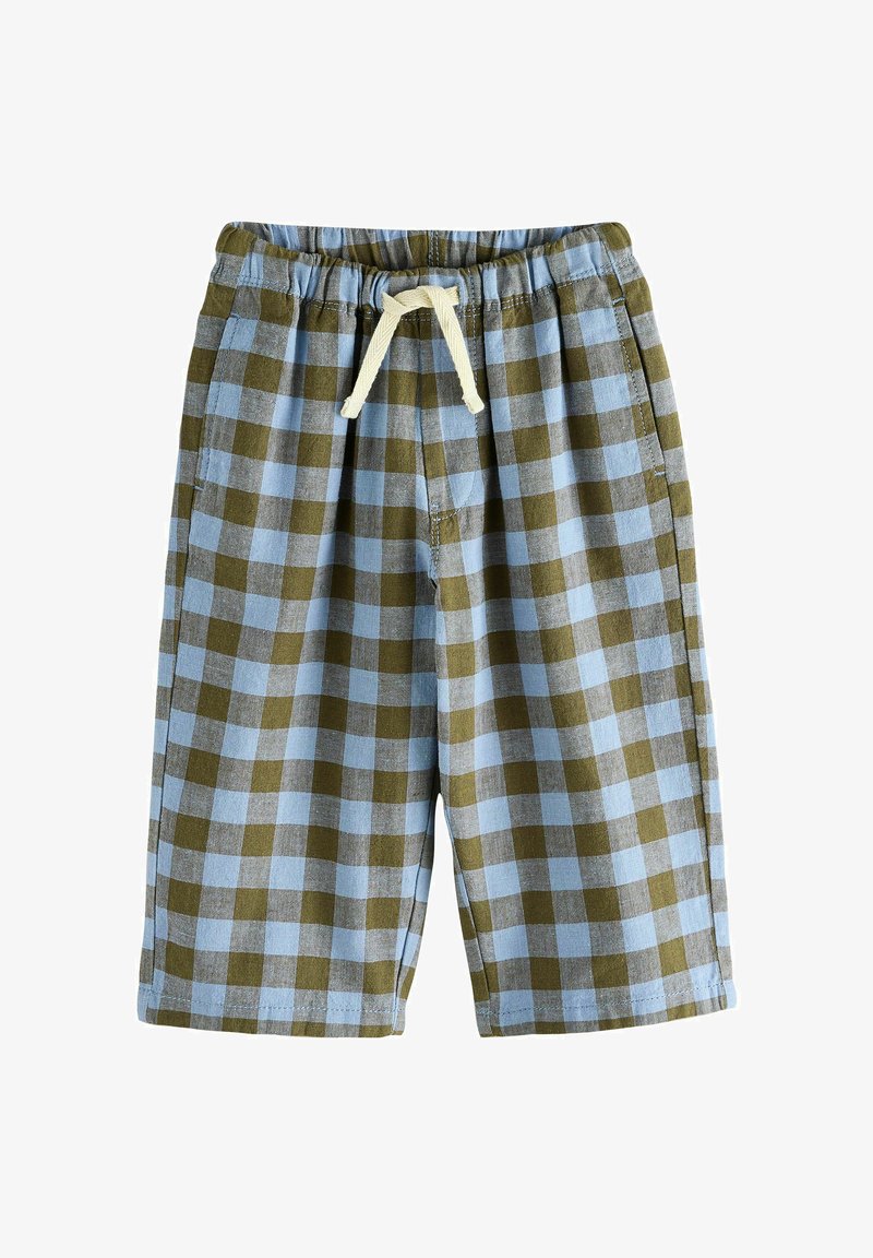 Kinder-Shorts in Blau und Olivgrün kariert mit elastischem Taillenbund und beigem Kordelzug, vorderen Taschen und knielangem Schnitt.