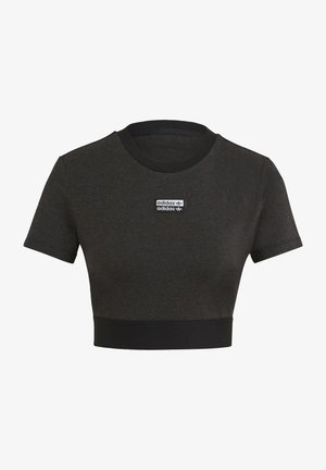 Afskåret sort t-shirt lavet af blødt stof, med korte ærmer og rund halsudskæring, samt et hvidt Adidas logo-patch på forsiden.