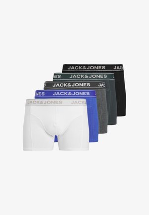 Cinq paires de boxers pour hommes de différentes couleurs : blanc, bleu, gris, vert et noir. Chacun présente une ceinture contrastante avec le logo "JACK&JONES".