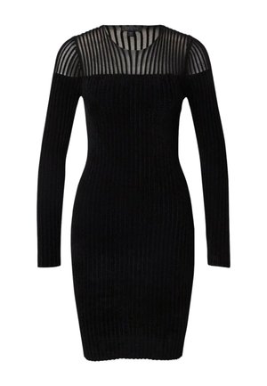 Vestito nero a coste con maniche lunghe, scollo trasparente a righe, forma sagomata e tessuto morbido. Design elegante e aderente.